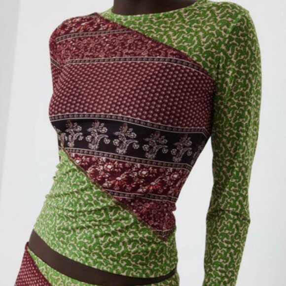 Miaou Mesh Shirt NWT paisley print long sleeve crop womens Green Red (xsmall)